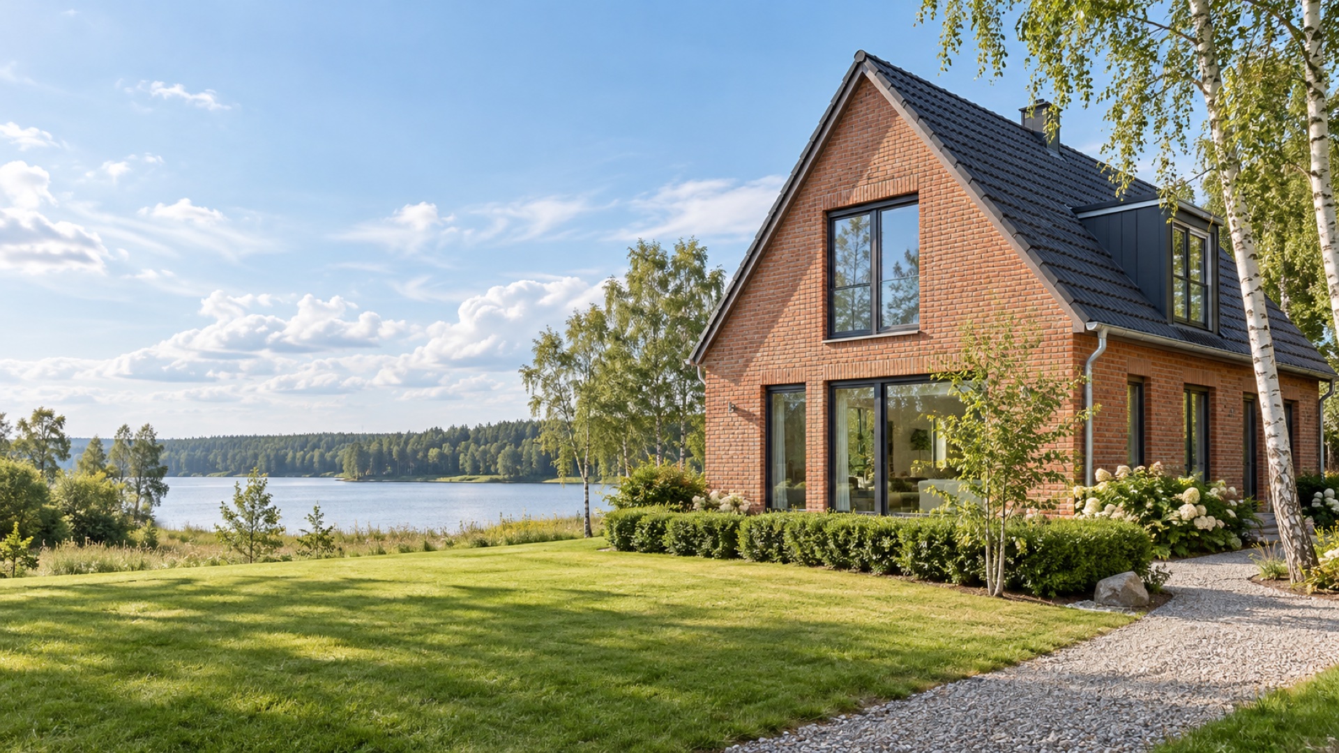 Saniertes Backsteinhaus mit Garten bei Tageslicht, dahinter ein See und Kiefernwald