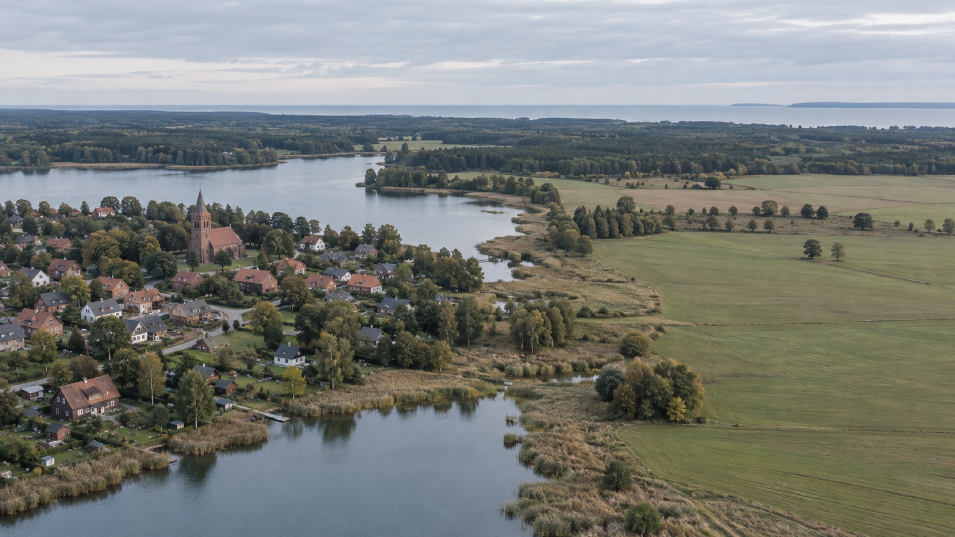 Luftbild eines Dorfs mit Backsteinkirche an einem See, umgeben von Feldern und Kiefernwald